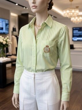 Ralph Lauren Light Green & White Striped Button-Down Shirt with Crest